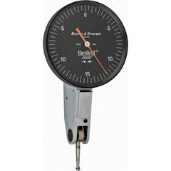 TESA Brown & Sharpe - 0.03 Inch Range, 0.0005 Inch Dial Graduation, Horizontal Dial Test Indicator - 1-1/2 Inch Black Dial, 0-15-0 Dial Reading - Exact Industrial Supply