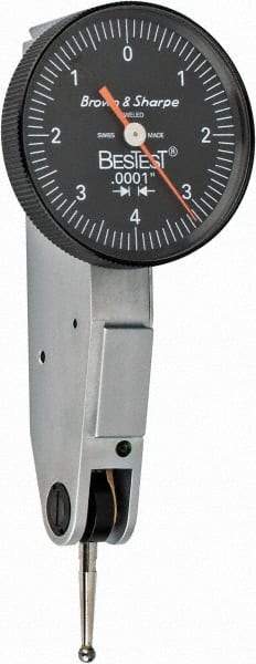 TESA Brown & Sharpe - 0.008 Inch Range, 0.0001 Inch Dial Graduation, Horizontal Dial Test Indicator - 1 Inch Black Dial, 0-4-0 Dial Reading - Exact Industrial Supply