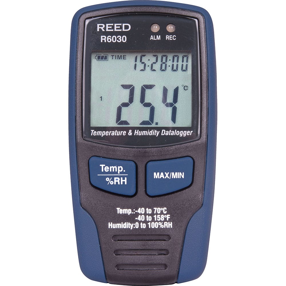 REED Instruments - Thermometer/Hygrometers & Barometers; Type: Temperature/Humidity Recorder ; Minimum Relative Humidity (%): 0 ; Maximum Relative Humidity (%): 100.00 ; Minimum Temperature (C): -40.00 ; Minimum Temperature (F): -40.000 ; Maximum Tempera - Exact Industrial Supply