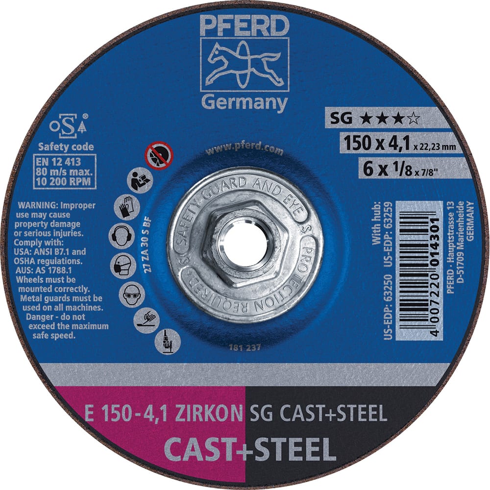 PFERD - Depressed-Center Wheels; Hole Thread Size: 5/8-11 ; Connector Type: Arbor ; Wheel Type Number: Type 27 ; Abrasive Material: Aluminum-Oxide; Zirconia Alumina ; Maximum RPM: 10200.000 ; Grit: 30 - Exact Industrial Supply