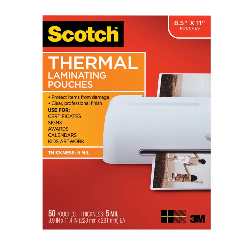 3M - Plastic Pouches; Height (Inch): 11 ; Width (Inch): 8-1/2 ; Type: Laminating Pouch ; Thickness (mil): 5.0000 ; Number of Pieces: 50.000 - Exact Industrial Supply