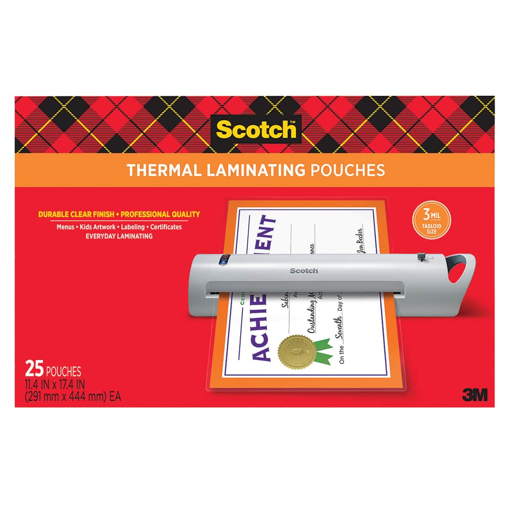 3M - Laminate; Thickness (mil): 3.0000 ; Width (Inch): 11 ; Length (Feet): 17 ; Description: These are 3 mil thick thermal laminating pouches for use with thermal laminators. It is a menu size pouch in a 25 pack for retail accounts. - Exact Industrial Supply