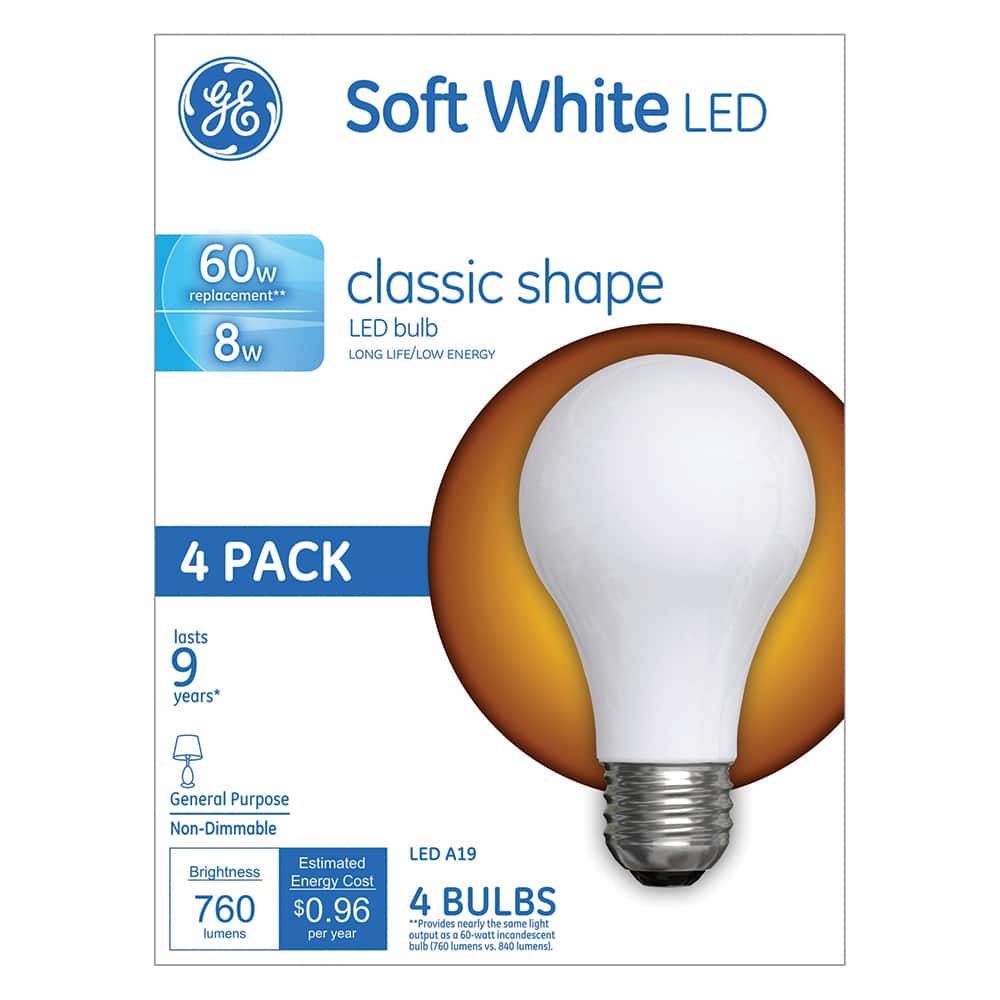 General Electric - Lamps & Light Bulbs; Lamp Technology: LED ; Lamps Style: Residential/Office ; Lamp Type: A19 ; Wattage Equivalent Range: 60-74 ; Actual Wattage: 8.00 ; Base Style: Medium Screw - Exact Industrial Supply