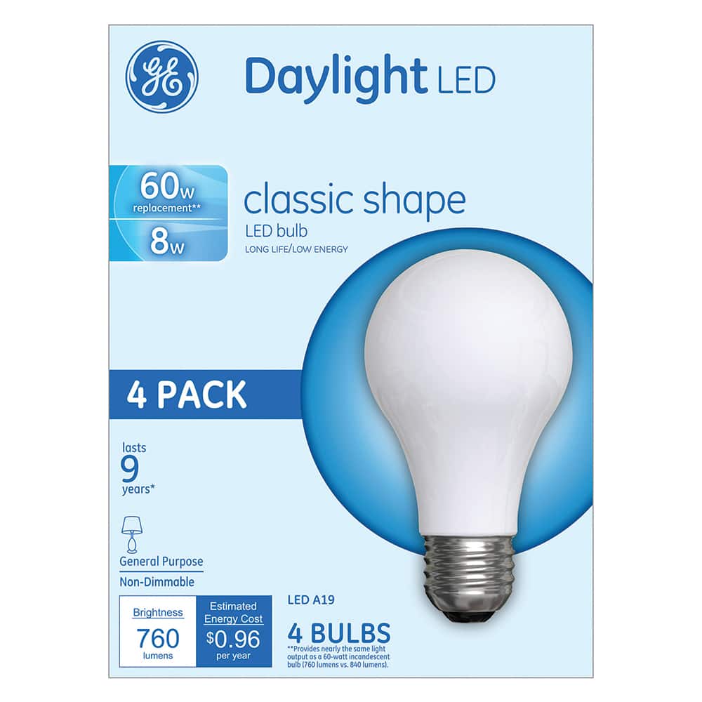 General Electric - Lamps & Light Bulbs; Lamp Technology: LED ; Lamps Style: Residential/Office ; Lamp Type: A19 ; Wattage Equivalent Range: 60-74 ; Actual Wattage: 8.00 ; Base Style: Medium Screw - Exact Industrial Supply