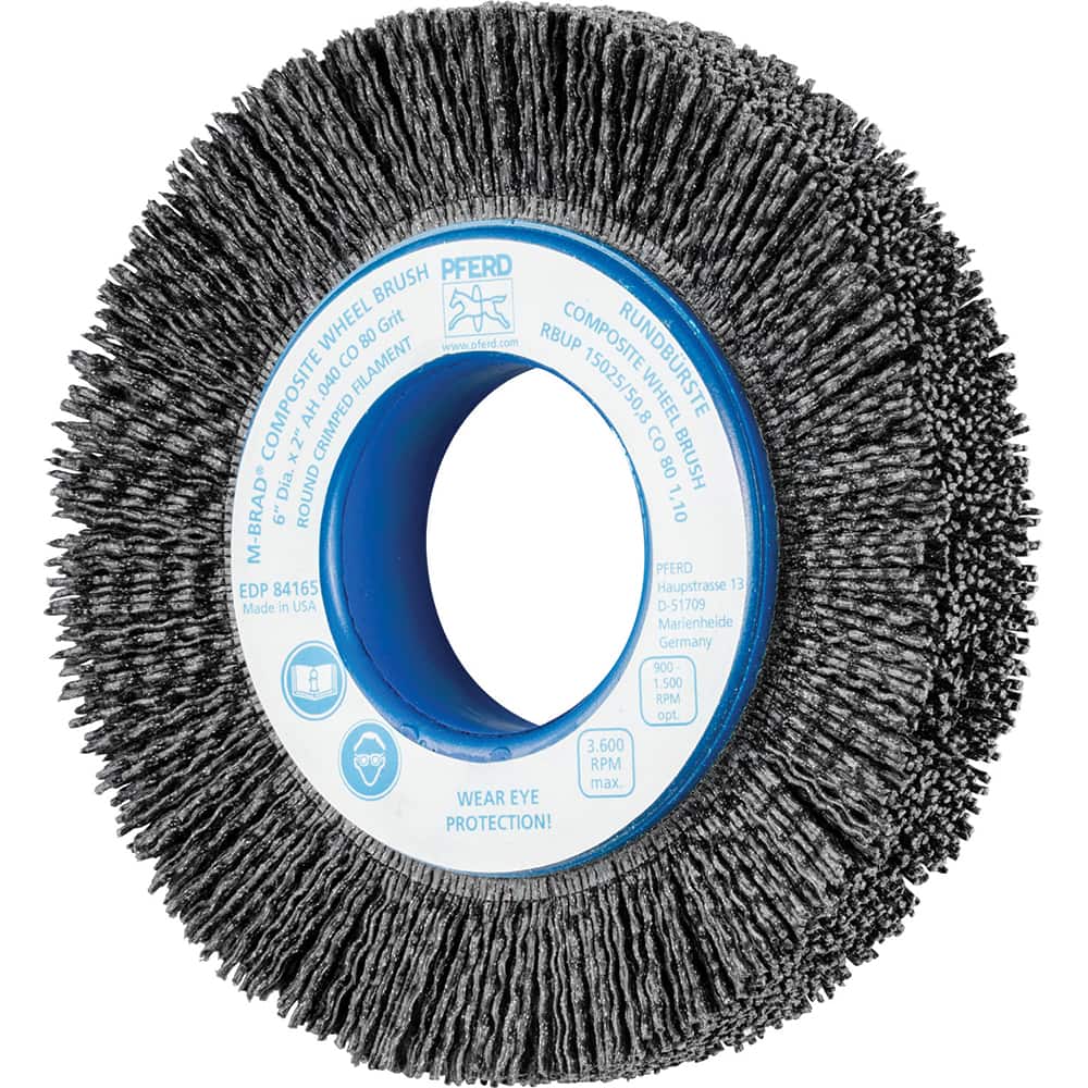 PFERD - Wheel Brushes; Outside Diameter (Inch): 6 ; Wire Type: Crimped; Round ; Fill Material: Nylon; Ceramic ; Trim Length (Inch): 1-1/4 ; Filament Wire Diameter Range: 0.0300 & Above ; Maximum RPM: 3600.000 - Exact Industrial Supply
