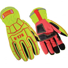 Cut & Abrasion-Resistant Gloves: Size L, ANSI Cut A6, Nylon & Spandex Blend High-Visibility Red & Yellow, 9″ OAL, Thermoplastic Elastomer Back, Double Palm Grip, ANSI Abrasion 4