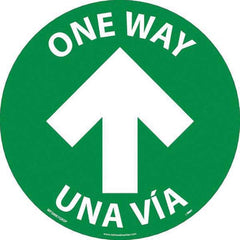 Adhesive Backed Floor Signs; Message Type: COVID-19; Graphic Type: Arrow; Message or Graphic: Message & Graphic; Legend: One Way Una Via; Color: White; Green; Special Color Properties: No Special Properties; Material: Vinyl; Shape: Circle; Oval; Language: