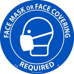 Adhesive Backed Floor Signs; Message Type: COVID-19; Graphic Type: Wear Mask; Message or Graphic: Message & Graphic; Legend: Face Mask Or Face Covering Required; Color: White; Blue; Special Color Properties: No Special Properties; Material: Vinyl; Shape: