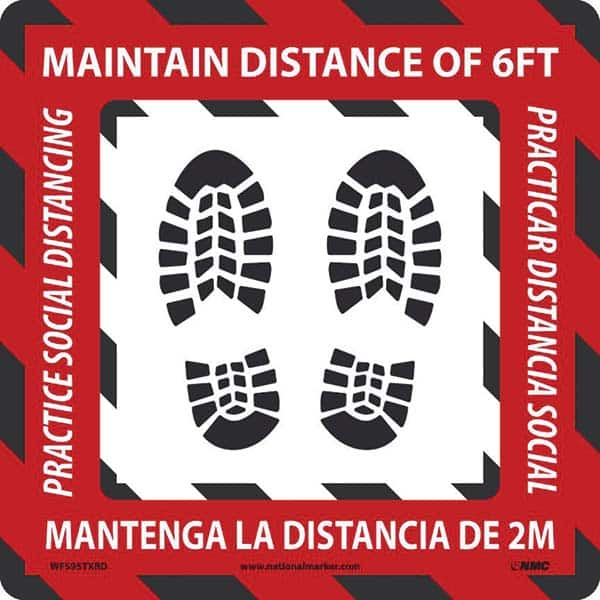 Adhesive Backed Floor Signs; Message Type: COVID-19; Graphic Type: Shoeprints; Message or Graphic: Message & Graphic; Legend: Practice Social Distancing Maintain Distance Of 6Ft, Practicar Distancia Social Mantenga La Distancia De 2M; Color: Red; White; B