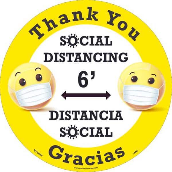 Adhesive Backed Floor Signs; Message Type: COVID-19; Graphic Type: Arrows; Message or Graphic: Message & Graphic; Legend: Thank You Social Distancing 6', Distancia Social Gracias; Color: White; Yellow; Black; Special Color Properties: No Special Propertie