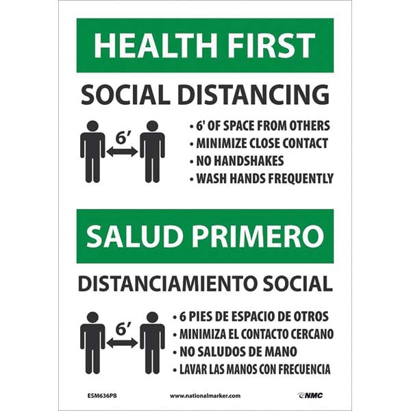 Sign: Rectangle & Square, ″Health First Social Distancing 6Ft 6' Of Space From Others Minimize Close Contact No Handshakes Wash Hands Frequently. Salud Primero Distanciamiento Social 6' 6 Pies De Espacio De Otros Minimiza El Contacto Cercano No Saludos De