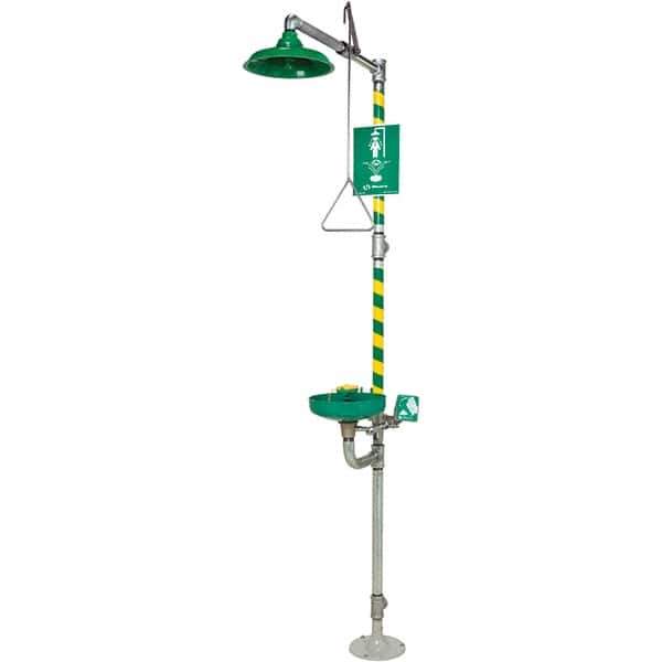 Haws - 23.7 GPM shower Flow, Drench shower, Eye & Face Wash Station - Bowl with Hinged Dust Cover, Triangular Pull Rod & Push Flag Activated, Galvanized Steel Pipe, Plastic Shower Head, Inverted Flow - Exact Industrial Supply