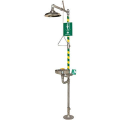 Haws - 23.7 GPM shower Flow, Drench shower, Eye & Face Wash Station - Bowl, Triangular Pull Rod, Push Handle & Foot Pedal Activated, Stainless Steel Pipe, Stainless Steel Shower Head, Corrosion Resistant - Exact Industrial Supply