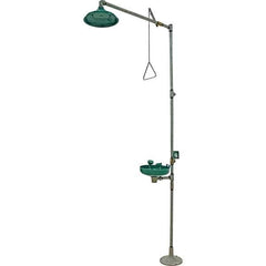 Haws - 25 GPM shower Flow, Drench shower & Eyewash Station - Bowl, Push Flag Activated, Galvanized Steel Pipe, Plastic Shower Head - Exact Industrial Supply