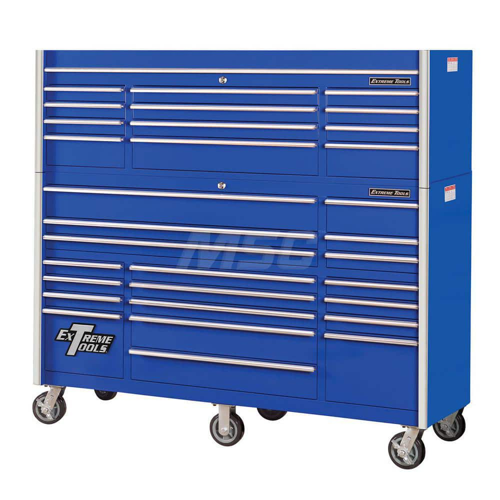 Tool Storage Combos & Systems; Type: Roller Cabinet with Top Chest Combo; Drawers Range: More than 15 Drawers; Number of Pieces: 2.000; Width Range: 72″ and Wider; Depth Range: 24″ - 29.9″; Height Range: 60″ and Higher; Color: Combo Blue with Chrome Trim;