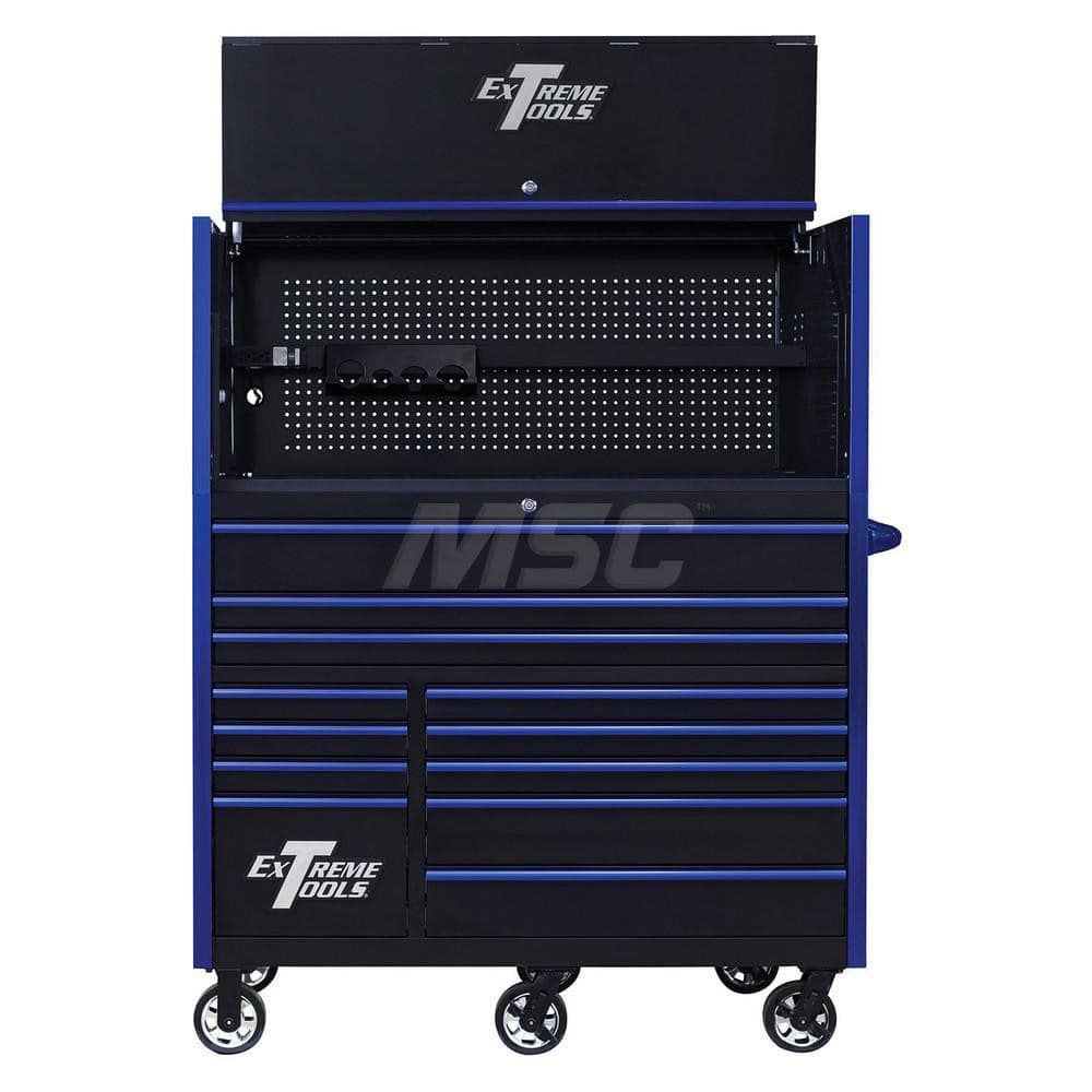 Tool Storage Combos & Systems; Type: Roller Cabinet with Hutch Combo; Drawers Range: 10 - 15 Drawers; Number of Pieces: 2.000; Width Range: 48″ - 71.9″; Depth Range: 24″ - 29.9″; Height Range: 60″ and Higher; Color: Combo Black with Blue Trim; Type: Rolle
