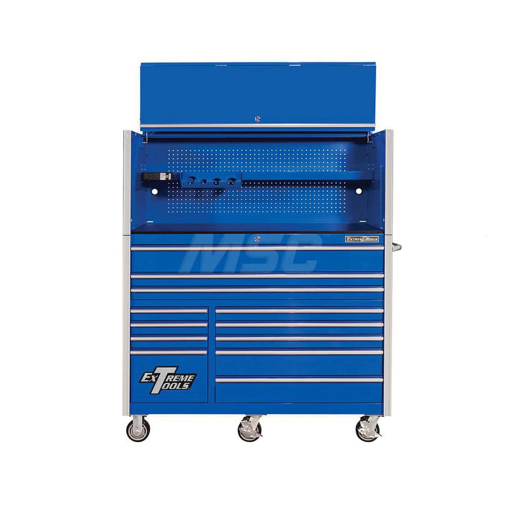 Tool Storage Combos & Systems; Type: Roller Cabinet with Hutch Combo; Drawers Range: 10 - 15 Drawers; Number of Pieces: 2.000; Width Range: 48″ - 71.9″; Depth Range: 24″ - 29.9″; Height Range: 60″ and Higher; Color: Combo Blue with Chrome Trim; Type: Roll