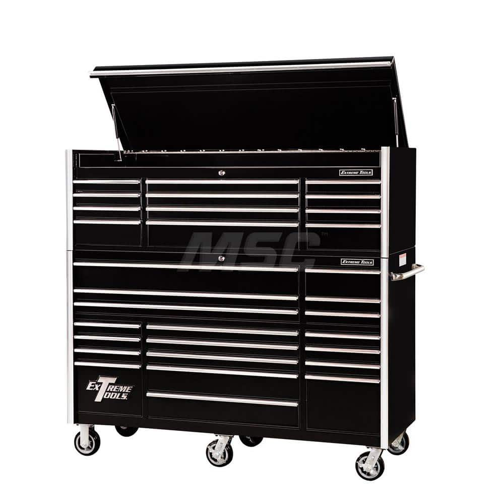 Tool Storage Combos & Systems; Type: Roller Cabinet with Top Chest Combo; Drawers Range: 16 Drawers or More; Number of Pieces: 2.000; Width Range: 72″ and Wider; Depth Range: 24″ - 29.9″; Height Range: 60″ and Higher; Color: Combo Black with Chrome Trim;