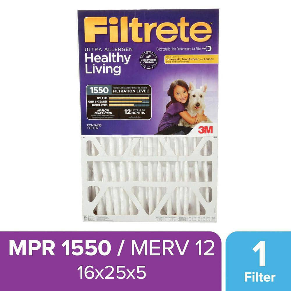 Pleated Air Filter: 16 x 25 x 5″, MERV 12, 55% Efficiency Polypropylene