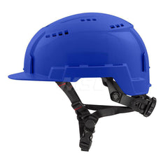 Hard Hat: Impact Resistant, Front Brim, Class C, 2-Point Suspension Blue, Polyethylene, Vented, Slotted