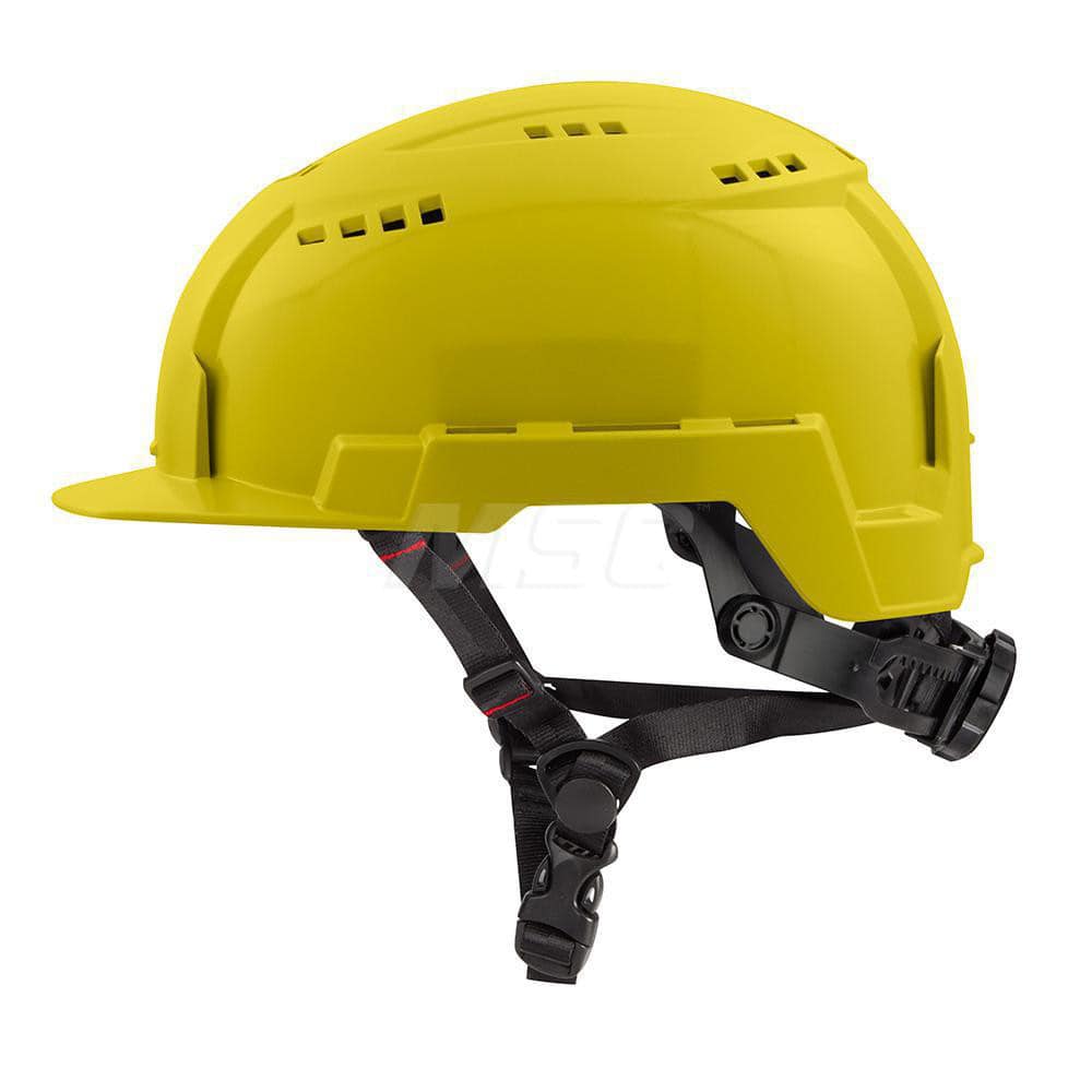 Hard Hat: Impact Resistant, Front Brim, Class C, 2-Point Suspension Yellow, Polyethylene, Vented, Slotted