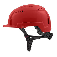 Hard Hat: Impact Resistant, Front Brim, Class C, 2-Point Suspension Red, Polyethylene, Vented, Slotted