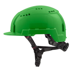 Hard Hat: Impact Resistant, Front Brim, Class C, 2-Point Suspension Green, Polyethylene, Vented, Slotted
