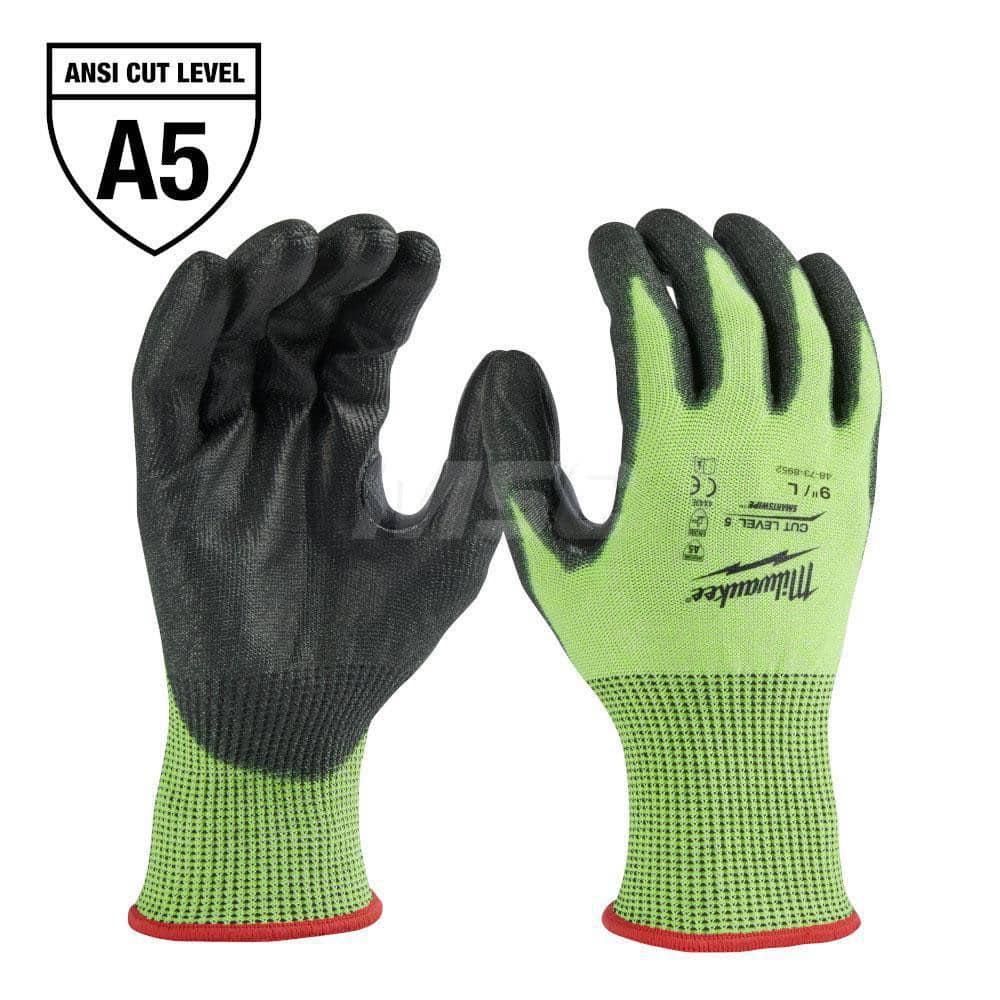 Cut, Puncture & Abrasive-Resistant Gloves: Size L, ANSI Cut A5, ANSI Puncture 0, Nitrile, Polyurethane High-Visibility Yellow, Palm & Fingers Coated, Polyester Lined, Polyurethane Back, Smooth Grip, ANSI Abrasion 0