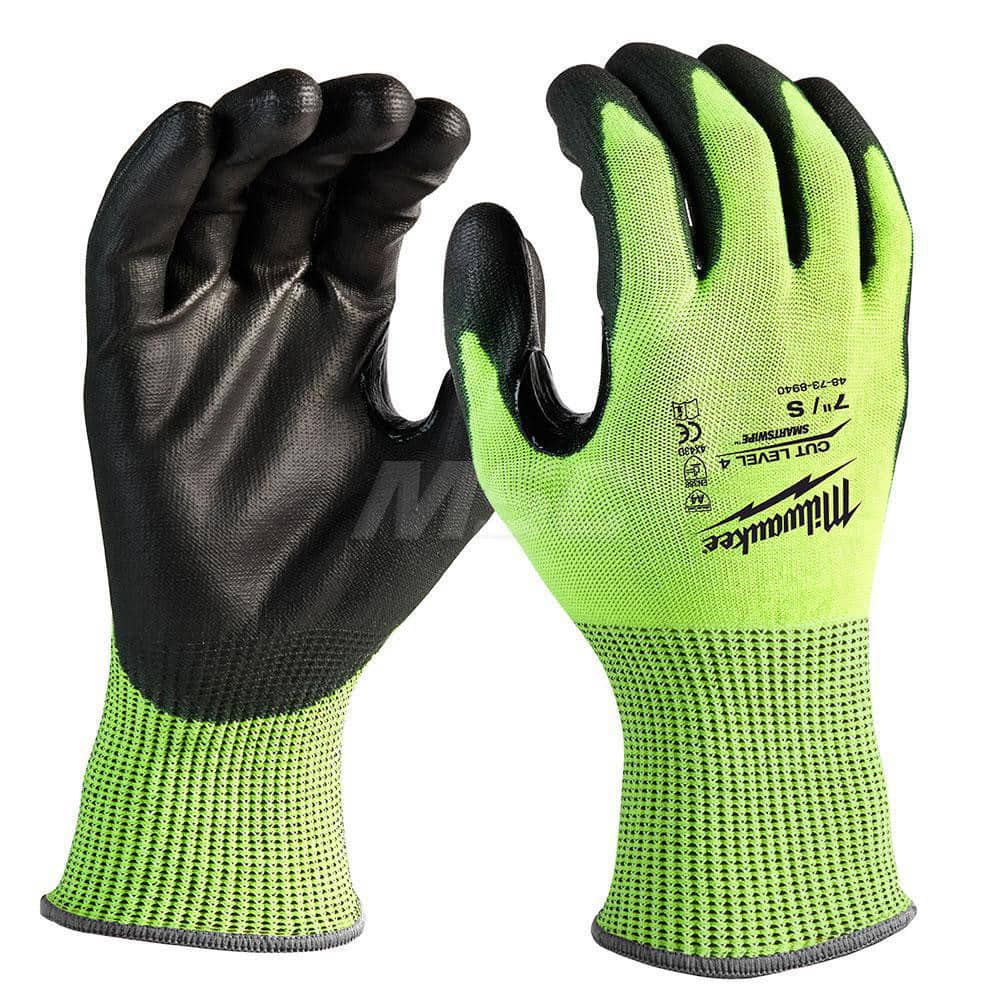 Cut, Puncture & Abrasive-Resistant Gloves: Size S, ANSI Cut A4, ANSI Puncture 0, Nitrile, Polyurethane High-Visibility Yellow, Palm & Fingers Coated, Polyester Lined, Polyurethane Back, Smooth Grip, ANSI Abrasion 0