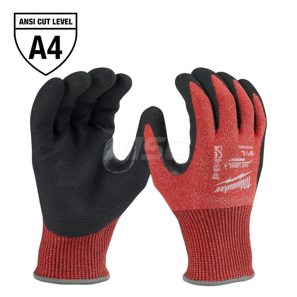 Cut, Puncture & Abrasive-Resistant Gloves: Size L, ANSI Cut A4, ANSI Puncture 0, Nitrile, Nylon Red, Palm & Fingers Coated, Nitrile Lined, Nylon Back, Smooth Grip, ANSI Abrasion 0