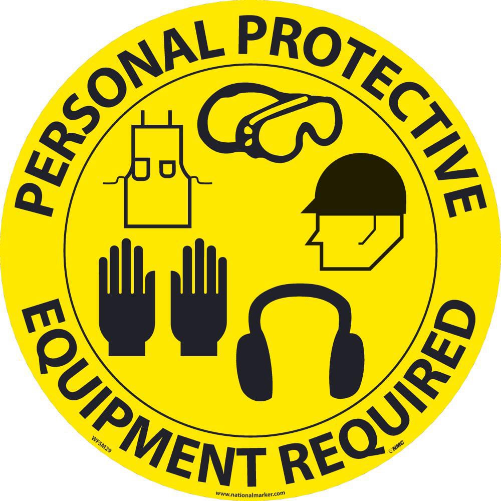 NMC - Adhesive Backed Floor Signs; Message Type: Accident Prevention ; Graphic Type: Ear Protection, Gloves, Goggles, Hard Hat, Safety Glasses ; Message or Graphic: Message & Graphic ; Legend: Personal Protective Equipment Required ; Color: Yellow; Black - Exact Industrial Supply