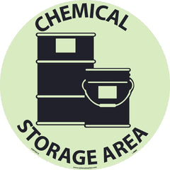 NMC - Adhesive Backed Floor Signs; Message Type: Hazardous Materials ; Graphic Type: Storage Drums ; Message or Graphic: Message & Graphic ; Legend: Chemical Storage Area ; Color: Green; Black ; Special Color Properties: Glow-In-The-Dark - Exact Industrial Supply