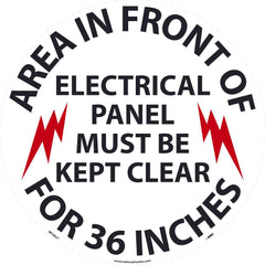 NMC - Adhesive Backed Floor Signs; Message Type: Accident Prevention ; Graphic Type: Arc Flash ; Message or Graphic: Message & Graphic ; Legend: Area In Front Of Electrical Panel Must Be Kept Clear for 36 Inches ; Color: Black; Red; White ; Special Color - Exact Industrial Supply