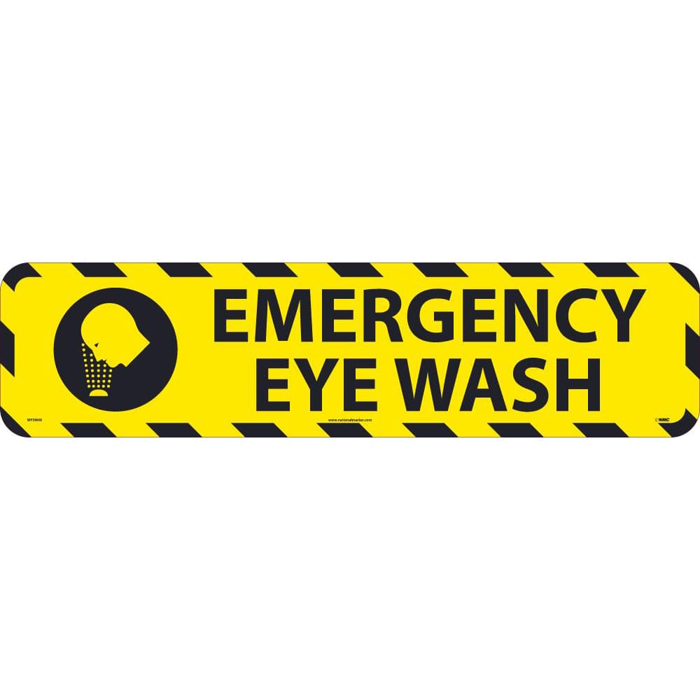NMC - Adhesive Backed Floor Signs; Message Type: Restroom, Janitorial & Housekeeping ; Graphic Type: Head over Eye Wash ; Message or Graphic: Message & Graphic ; Legend: Emergency Eyewash ; Color: Black; Yellow ; Special Color Properties: No Special Prop - Exact Industrial Supply