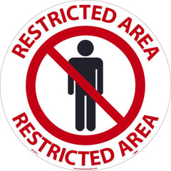 NMC - Adhesive Backed Floor Signs; Message Type: Security & Admittance ; Graphic Type: Person in Circle w/ Slash Through It ; Message or Graphic: Message & Graphic ; Legend: Restricted Area ; Color: Black; Red; White ; Special Color Properties: No Specia - Exact Industrial Supply
