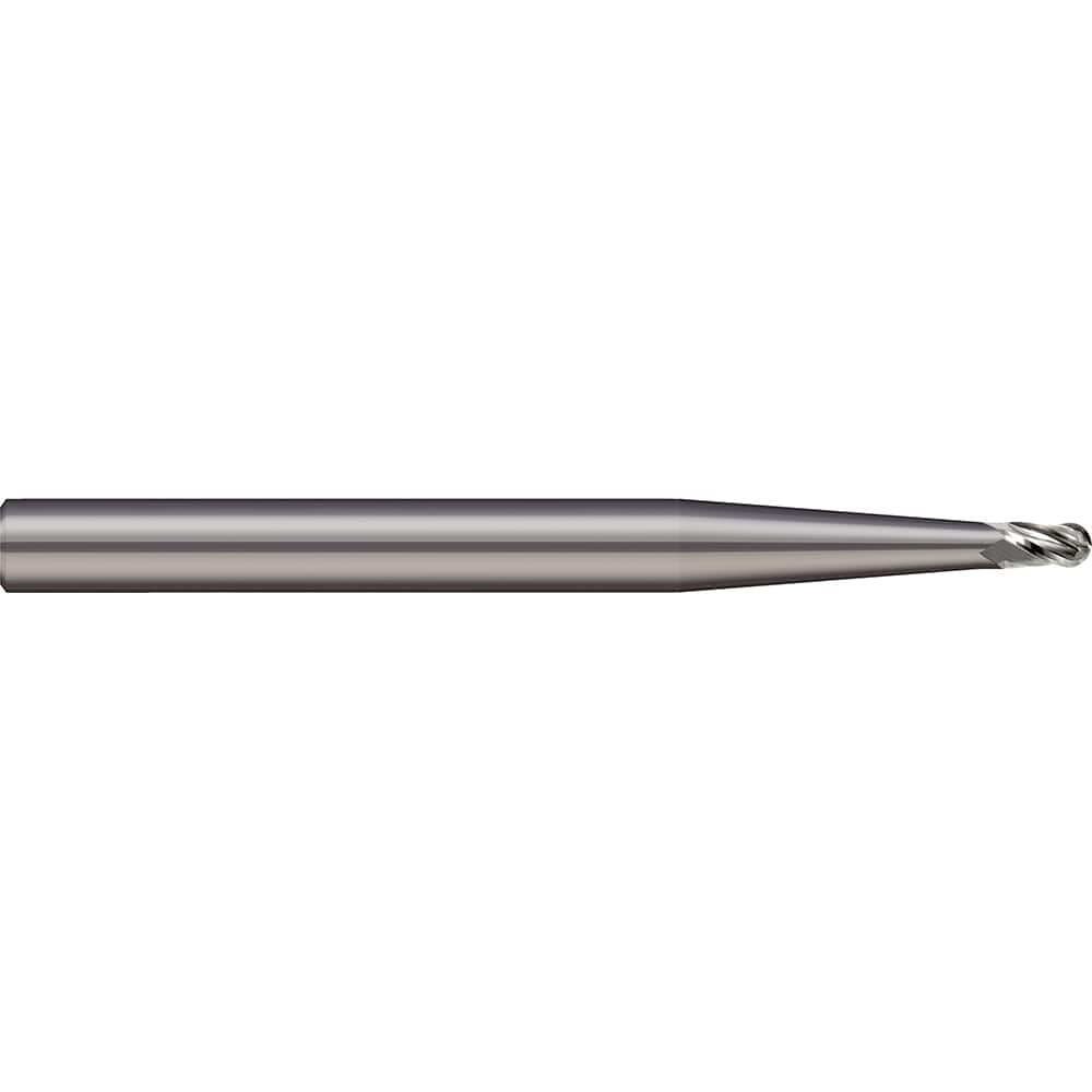 Ball End Mill: 0.1181″ Dia, 0.5906″ LOC, 4 Flute, Solid Carbide 38 mm OAL, 3 mm Shank Dia, 30 ° Helix, Uncoated, Single End