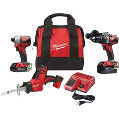 Milwaukee Tool - 18 Volt Cordless Tool Combination Kit - Includes Brushless Compact Hammer Drill, Brushless 1/4" Impact Driver & Hackzall Reciprocating Saw, Lithium-Ion Battery Included - Exact Industrial Supply