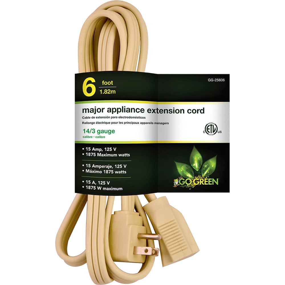 GoGreen Power - Power Cords; Cord Type: Replacement Cord ; Overall Length (Feet): 6 ; Cord Color: Brown ; Amperage: 15 ; Voltage: 125 ; Wire Gauge/Number of Conductors: 12/3 - Exact Industrial Supply