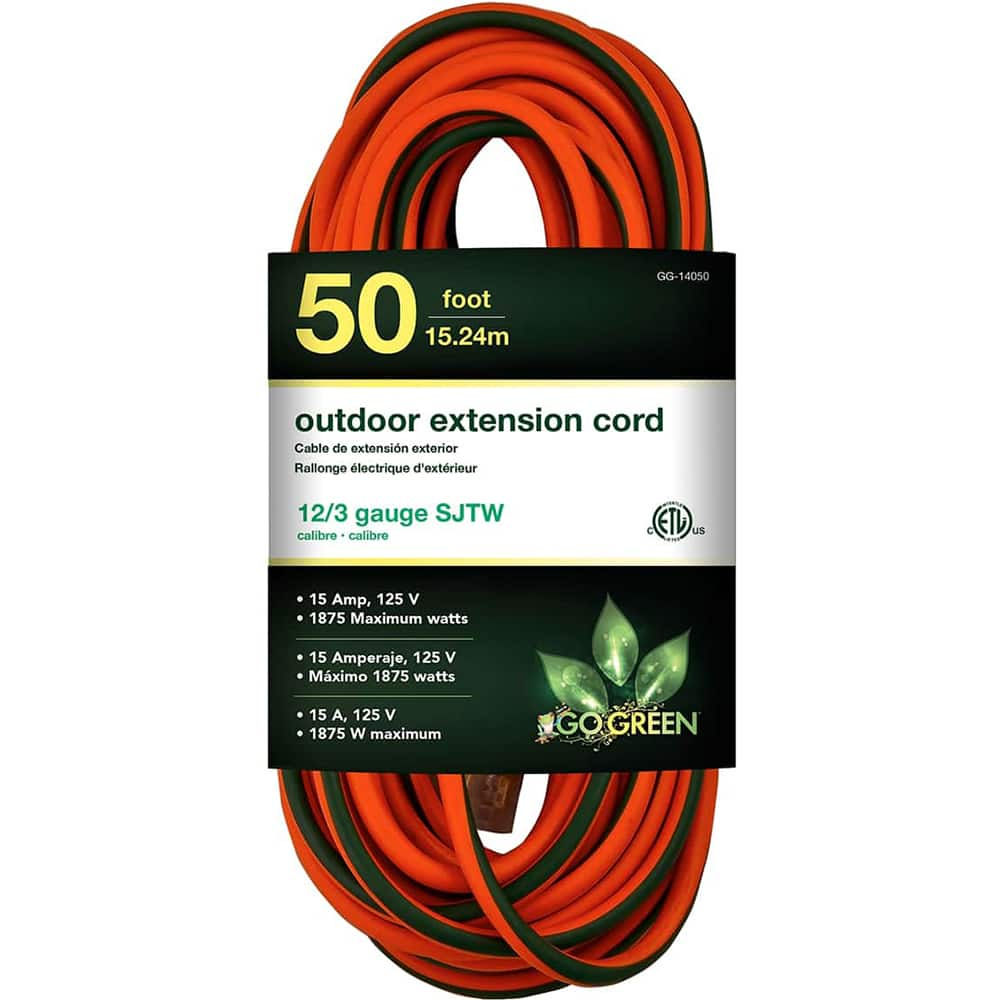 GoGreen Power - Power Cords; Cord Type: Extension Cord ; Overall Length (Feet): 50 ; Cord Color: Orange ; Amperage: 15 ; Voltage: 125 ; Wire Gauge/Number of Conductors: 12/3 - Exact Industrial Supply