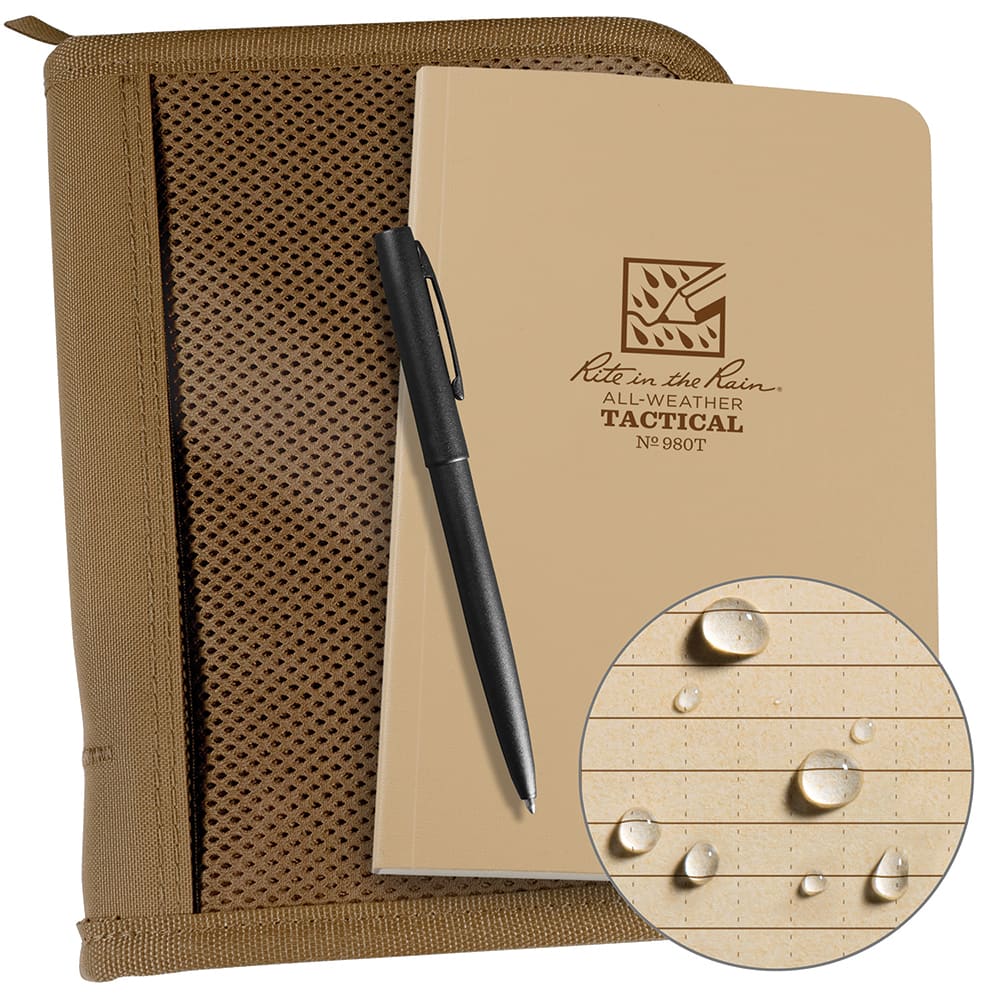 Rite in the Rain - Note Pads, Writing Pads & Notebooks; Writing Pads & Notebook Type: Tactical Notebook ; Size: 5" x 7" ; Number of Sheets: 80 ; Color: Coyote ; Includes: Pen, Tactical Field Book, Book Cover - Exact Industrial Supply