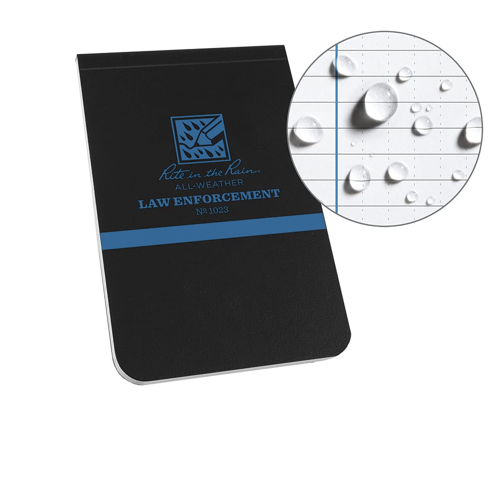 Rite in the Rain - Note Pads, Writing Pads & Notebooks; Writing Pads & Notebook Type: Law Enforcement Notebook ; Size: 3-1/4 x 5 ; Number of Sheets: 56 ; Color: Black ; Additional Information: Weatherproof - Exact Industrial Supply