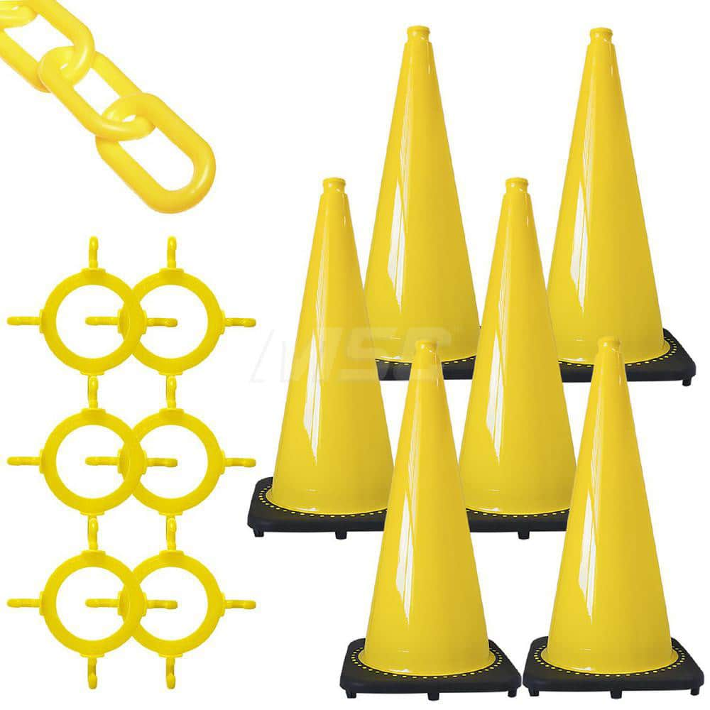 Barrier Rope & Chain; Type: Traffic Cone & Chain Kit; Material: Plastic; Color: Yellow; Rope/Chain Material: Plastic; Hook Fitting Material: None; Snap End Material: None; Color: Yellow; Length (Feet): 50.00; 50.000; Overall Length: 50.00; Includes: (6) Y