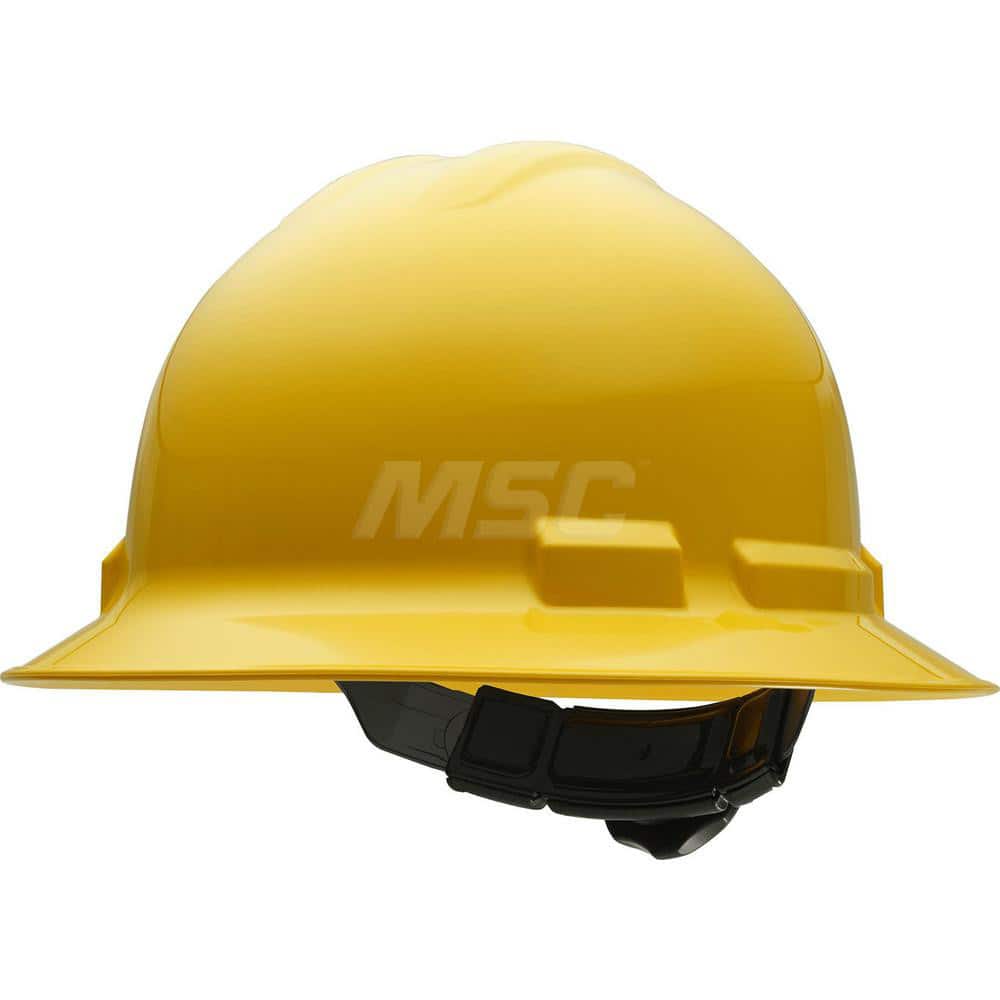 Hard Hat: Impact Resistant & Water Resistant, Full Brim, Class E & G, 4-Point Suspension Yellow, HDPE
