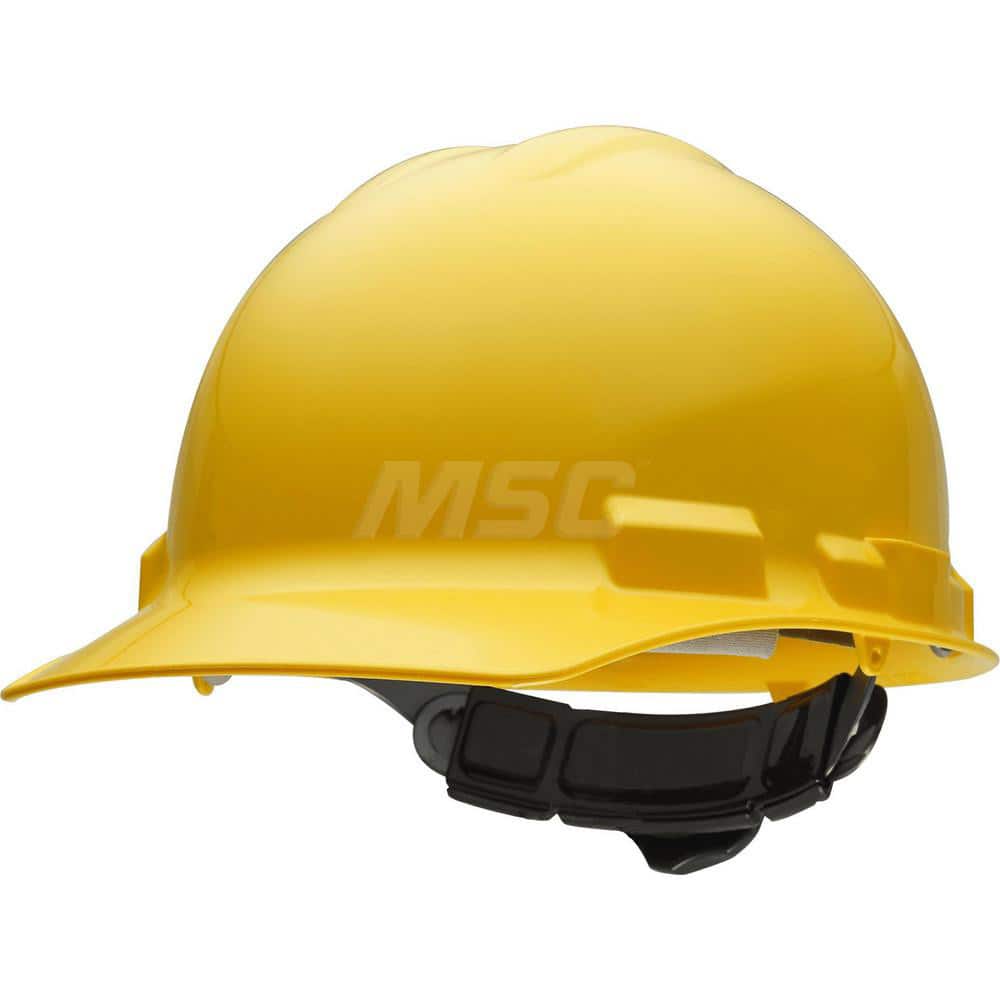 Hard Hat: Impact Resistant & Water Resistant, Front Brim, Class E & G, 6-Point Suspension Yellow, HDPE, Slotted