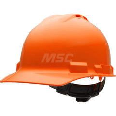 Hard Hat: Impact Resistant & Water Resistant, Front Brim, Class C, 4-Point Suspension Orange, HDPE, Vented, Slotted