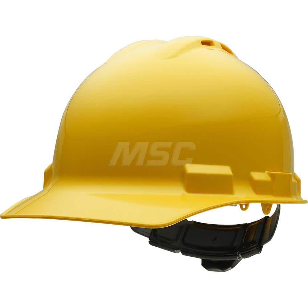Hard Hat: Impact Resistant & Water Resistant, Front Brim, Class C, 4-Point Suspension Yellow, HDPE, Vented, Slotted