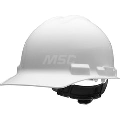 Hard Hat: Impact Resistant & Water Resistant, Front Brim, Class E & G, 4-Point Suspension White, HDPE, Slotted