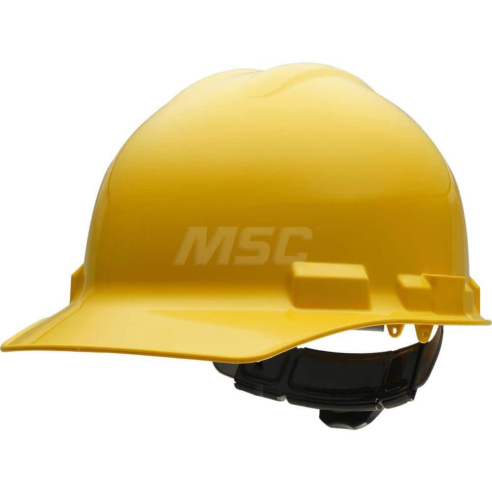 Hard Hat: Impact Resistant & Water Resistant, Front Brim, Class E & G, 4-Point Suspension Yellow, HDPE, Slotted