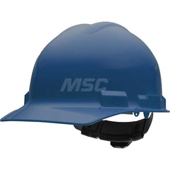 Hard Hat: Impact Resistant & Water Resistant, Front Brim, Class E & G, 4-Point Suspension Blue, HDPE, Slotted