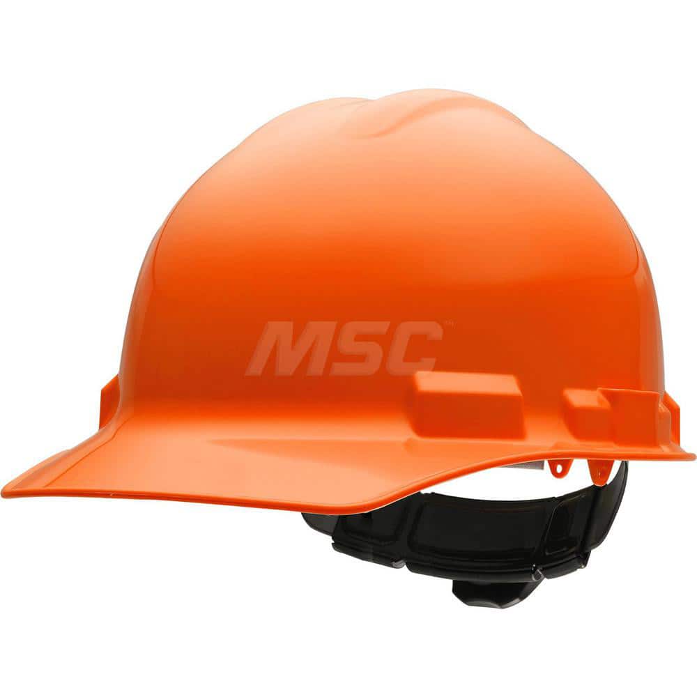 Hard Hat: Impact Resistant & Water Resistant, Front Brim, Class G & E, 4-Point Suspension Orange, HDPE, Slotted